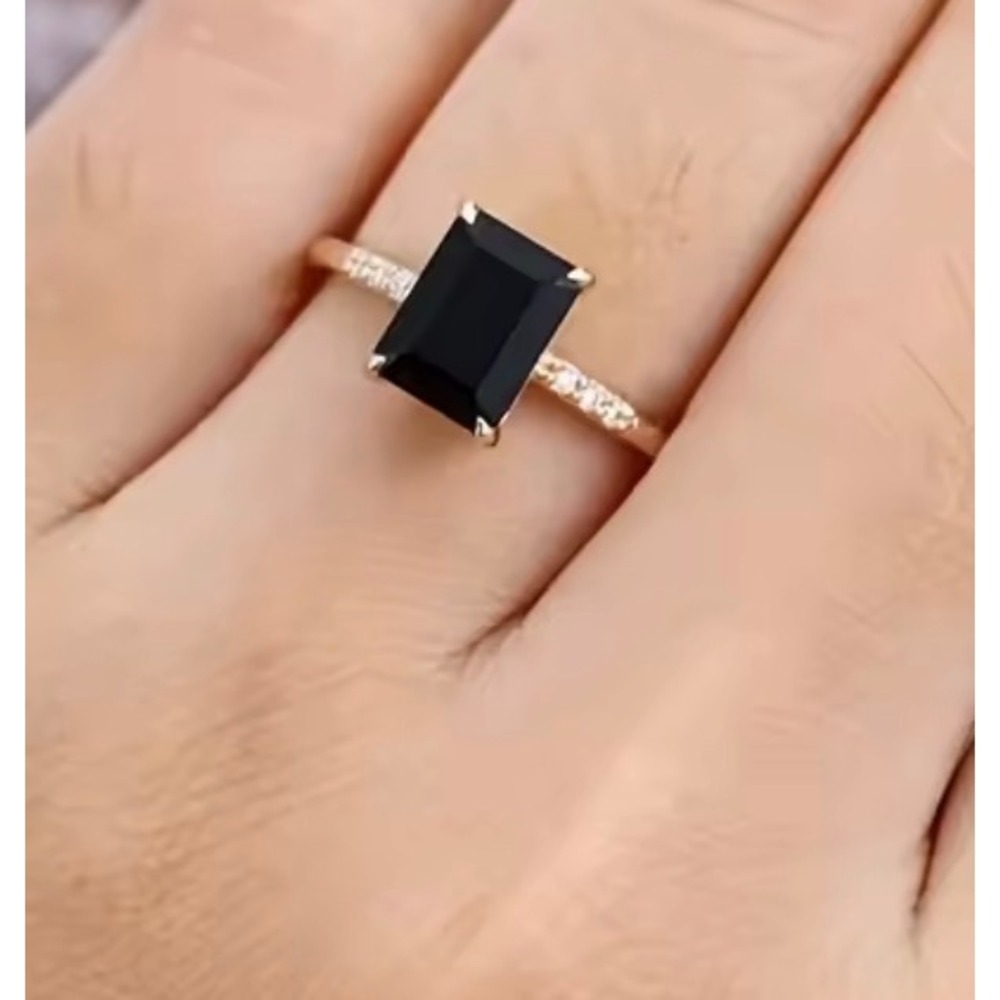Rose Gold Black Onyx Emerald Cut Engagement Ring Pave Accents Size 7
